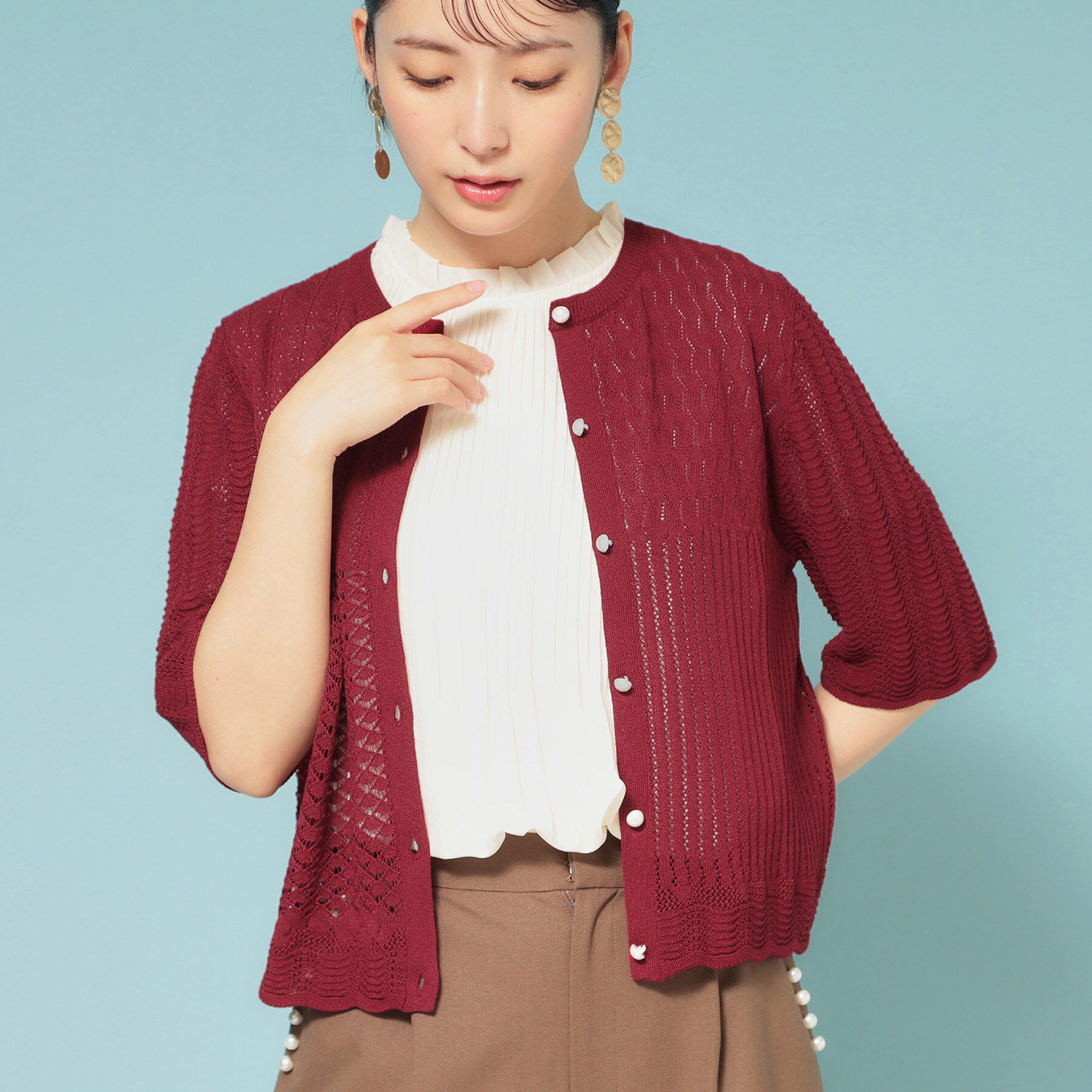 SunaUna「【新作／透かし柄／3色展開】スカラップカーディガン」|カーディガン|