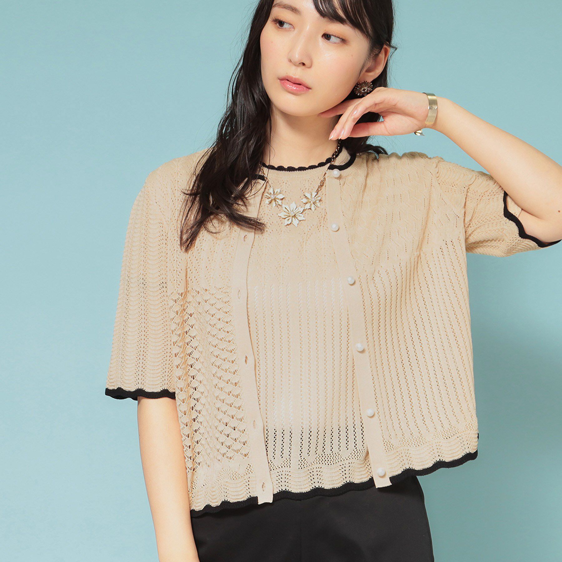 SunaUna「【新作／透かし柄／3色展開】スカラップカーディガン」|カーディガン|ベージュ(052)
