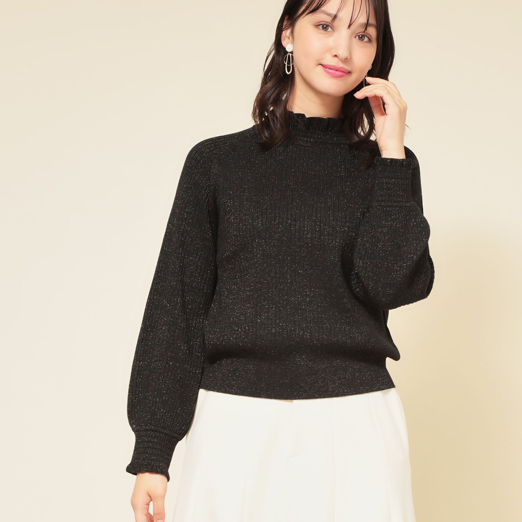 SunaUna「【COLLECTION LINE】フリルラメニット」|ニット・セーター|ブラック(019)