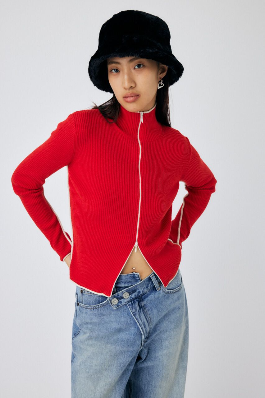 MOUSSY「BI COLOR ZIP UP RIB ニット」|ニット・セーター|RED