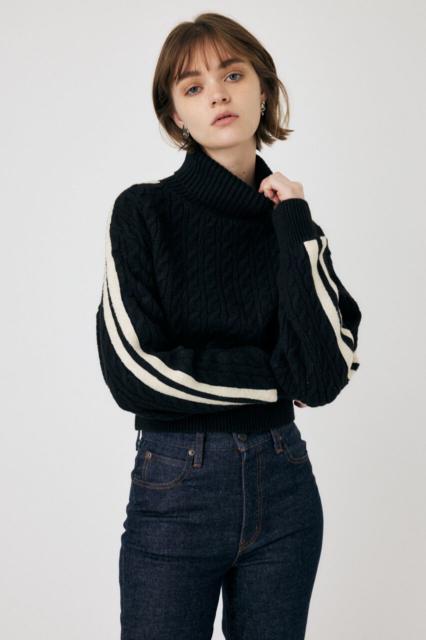MOUSSY「LINE SLEEVE CABLE KNIT トップス」|ニット・セーター|BLK