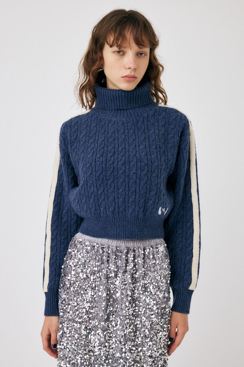 MOUSSY「LINE SLEEVE CABLE KNIT トップス」|ニット・セーター|NVY