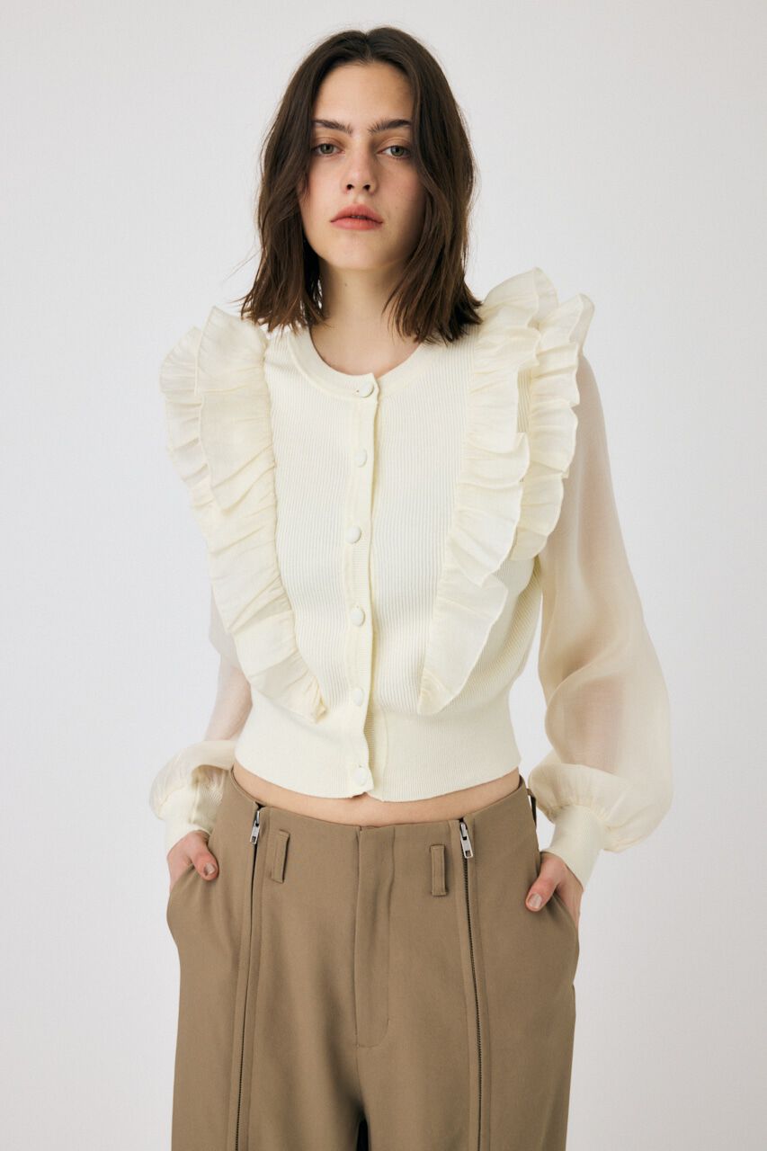 MOUSSY「WOVEN FRILLS カーディガン」|ニット・セーター|O/WHT1