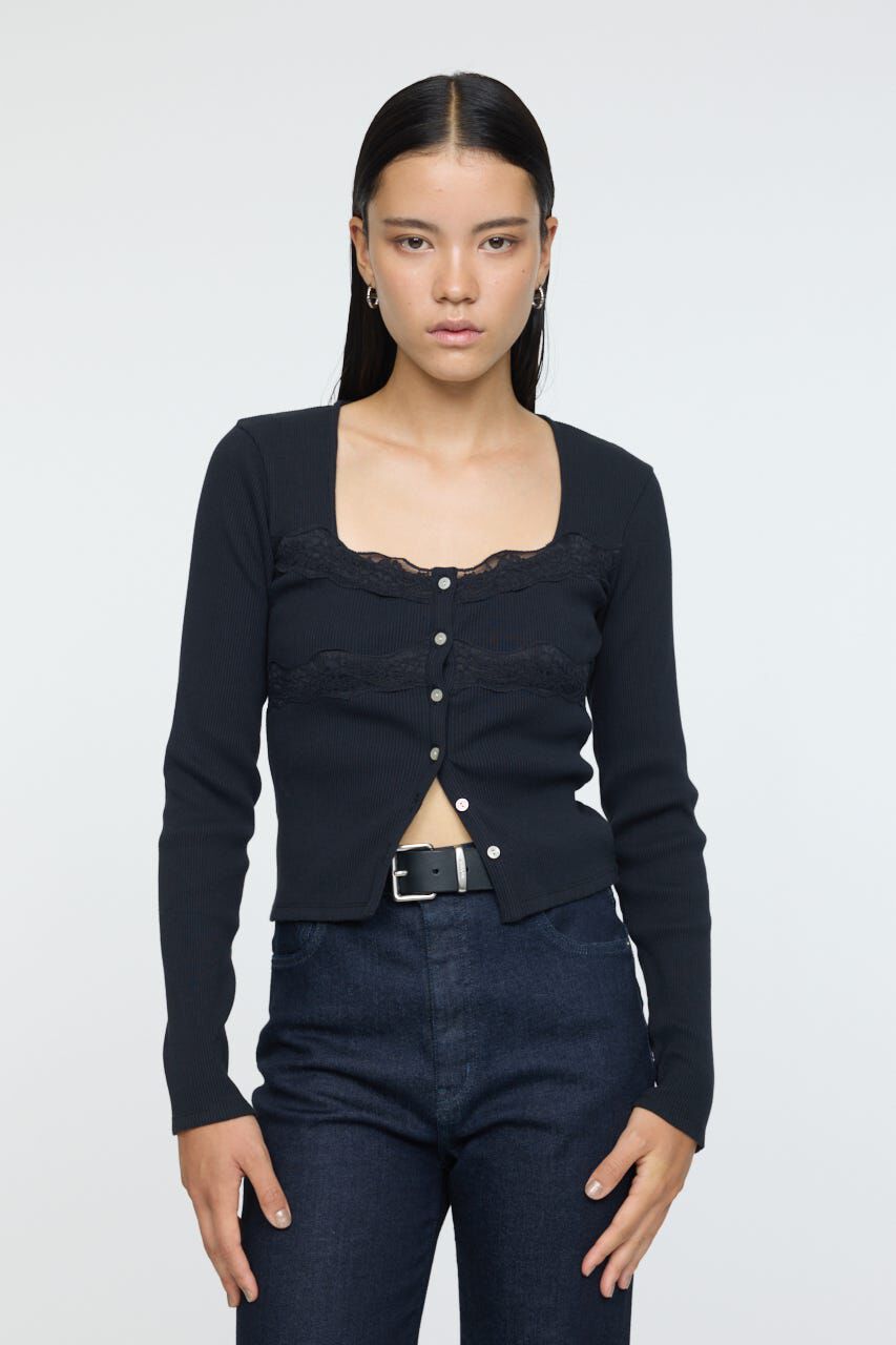 MOUSSY「FRONT BUTTON LACY ロングスリーブトップス」|Tシャツ・カットソー|BLK