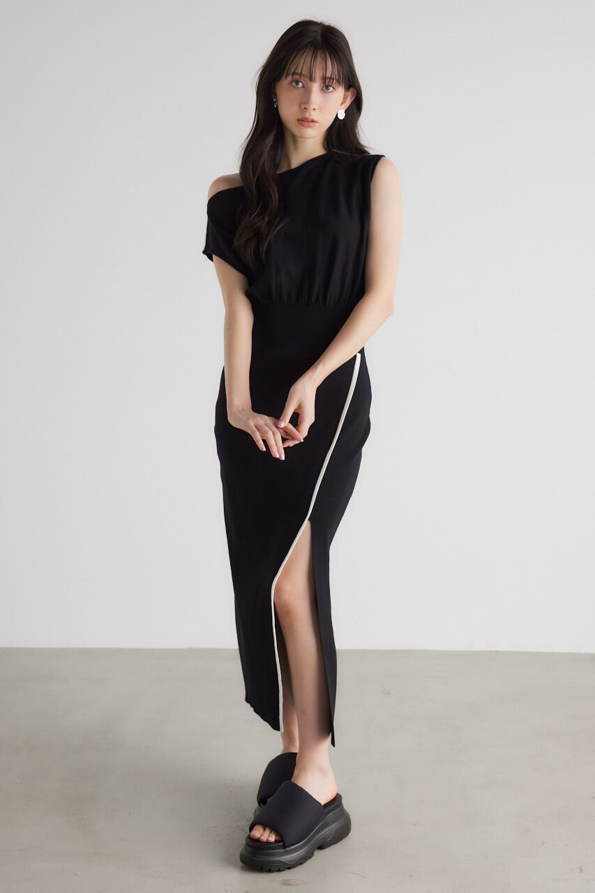 rienda「ラインデザインワンショルダーKnit OP」|ワンピース|BLK