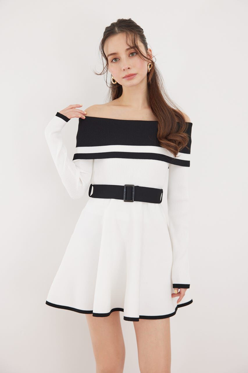 rienda「バイカラーオフショルフレアミニニットワンピース」|ワンピース|