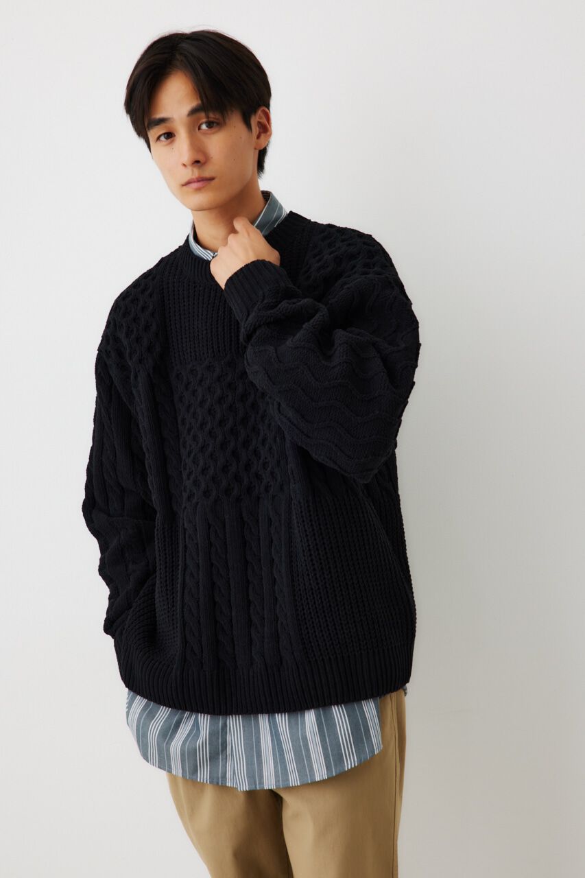 RODEO CROWNS「メンズモールケーブルニットトップス」|ニット・セーター|BLK