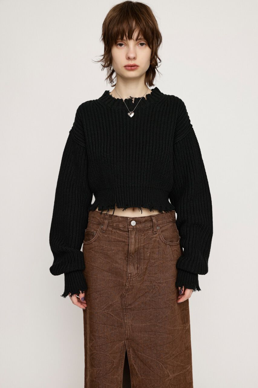 SLY「DAMAGE CROPPED KNIT トップス」|ニット・セーター|BLK