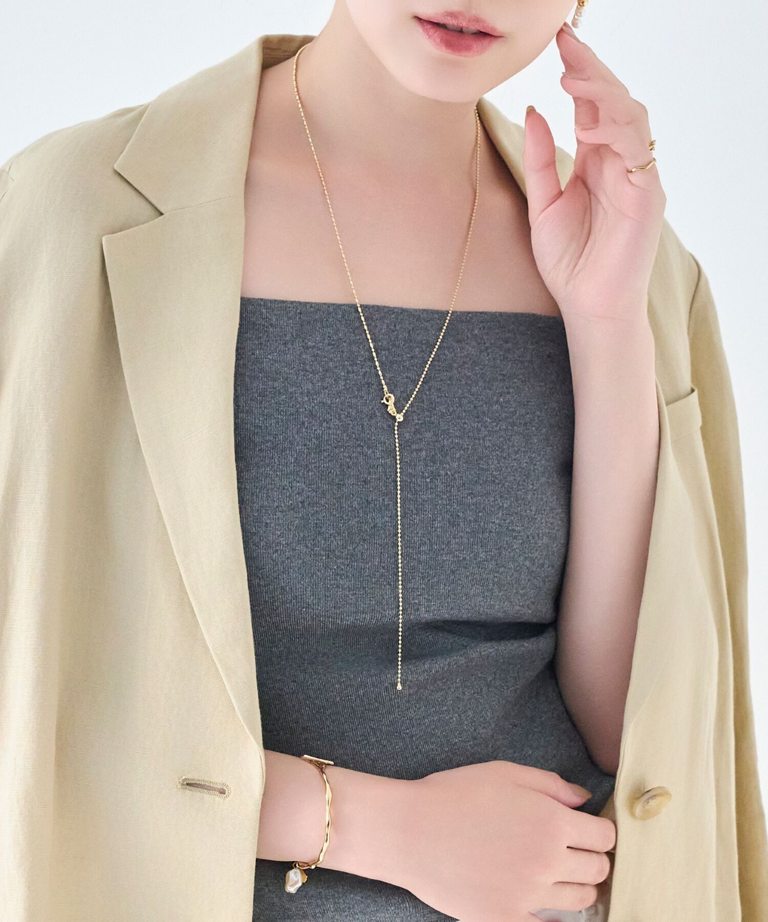  「【金属アレルギー対応】Y字マルチwayロングチェーンネックレス　ゴールド」|ネックレス|