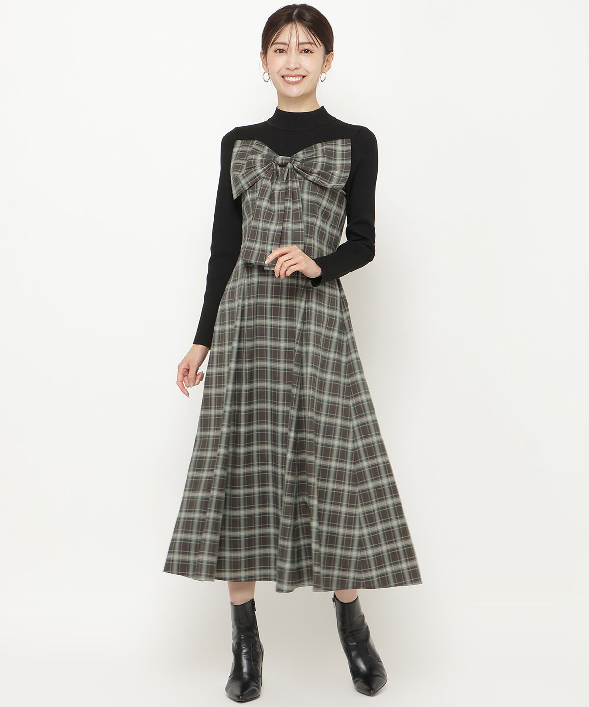 アンドクチュール「チェックリボン切替ワンピース」|ワンピース|