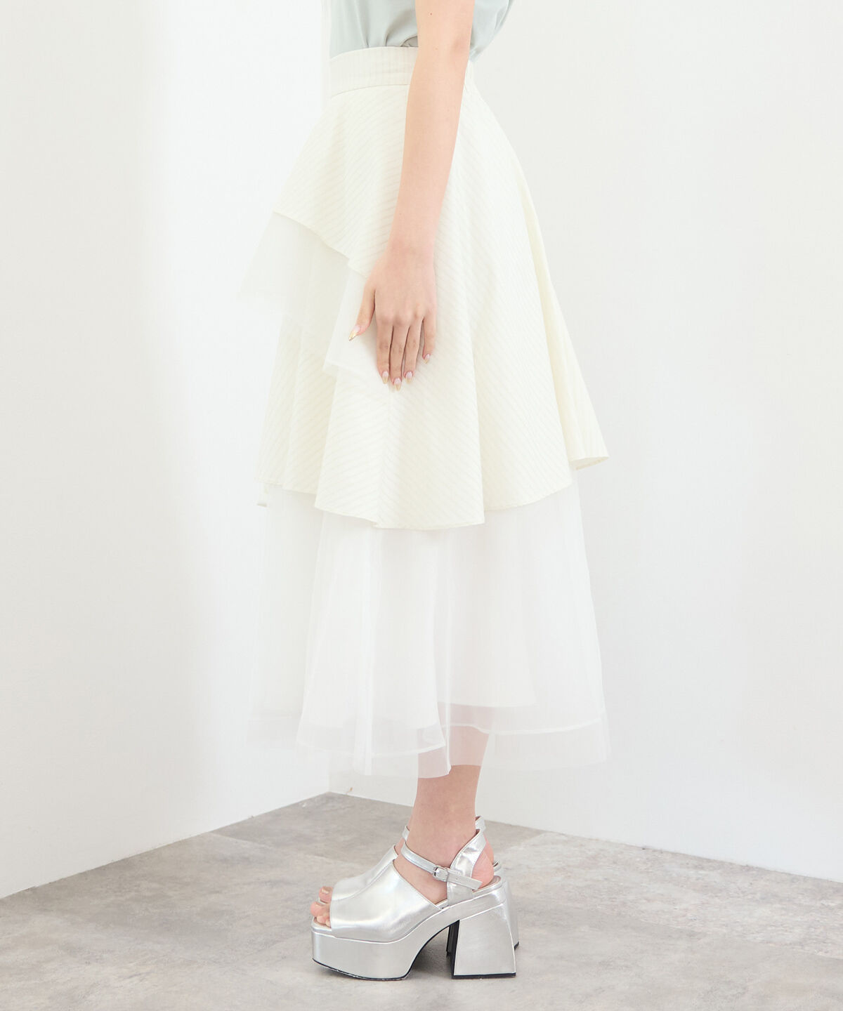 REDYAZEL「MIXストライプアシメティアードロングスカート」|フレア|