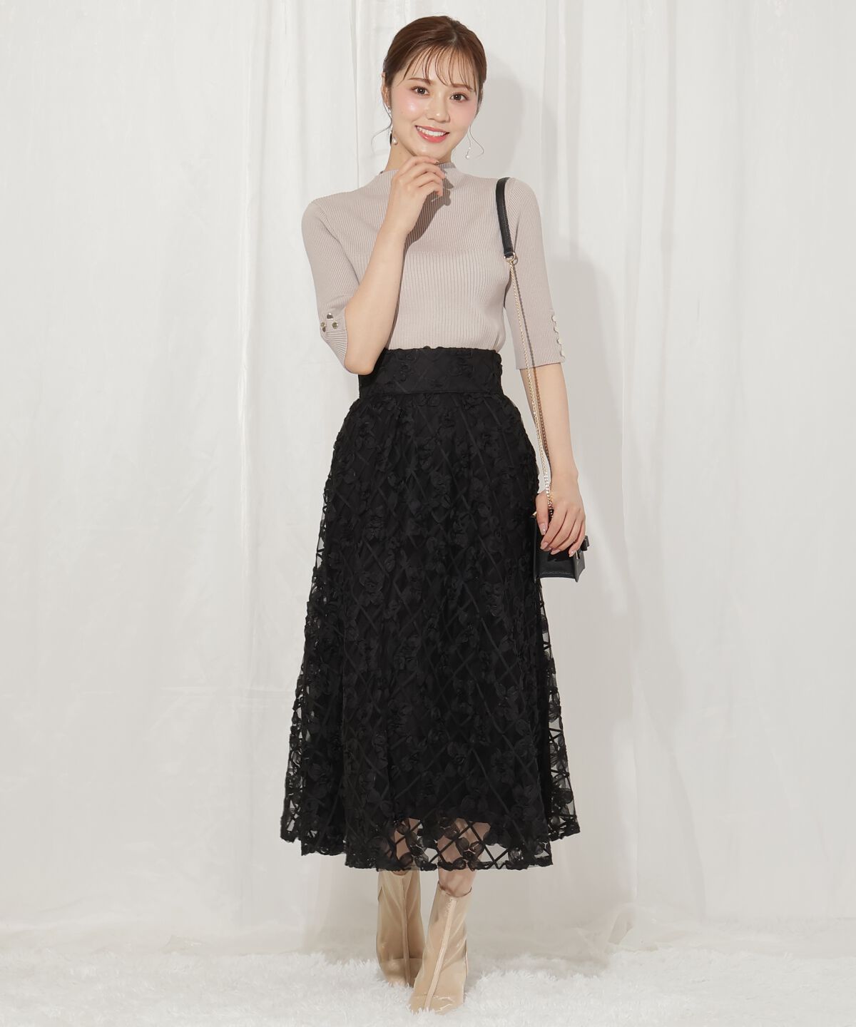 WILLSELECTION「3Dフラワーフレアスカート」|フレア|ブラック