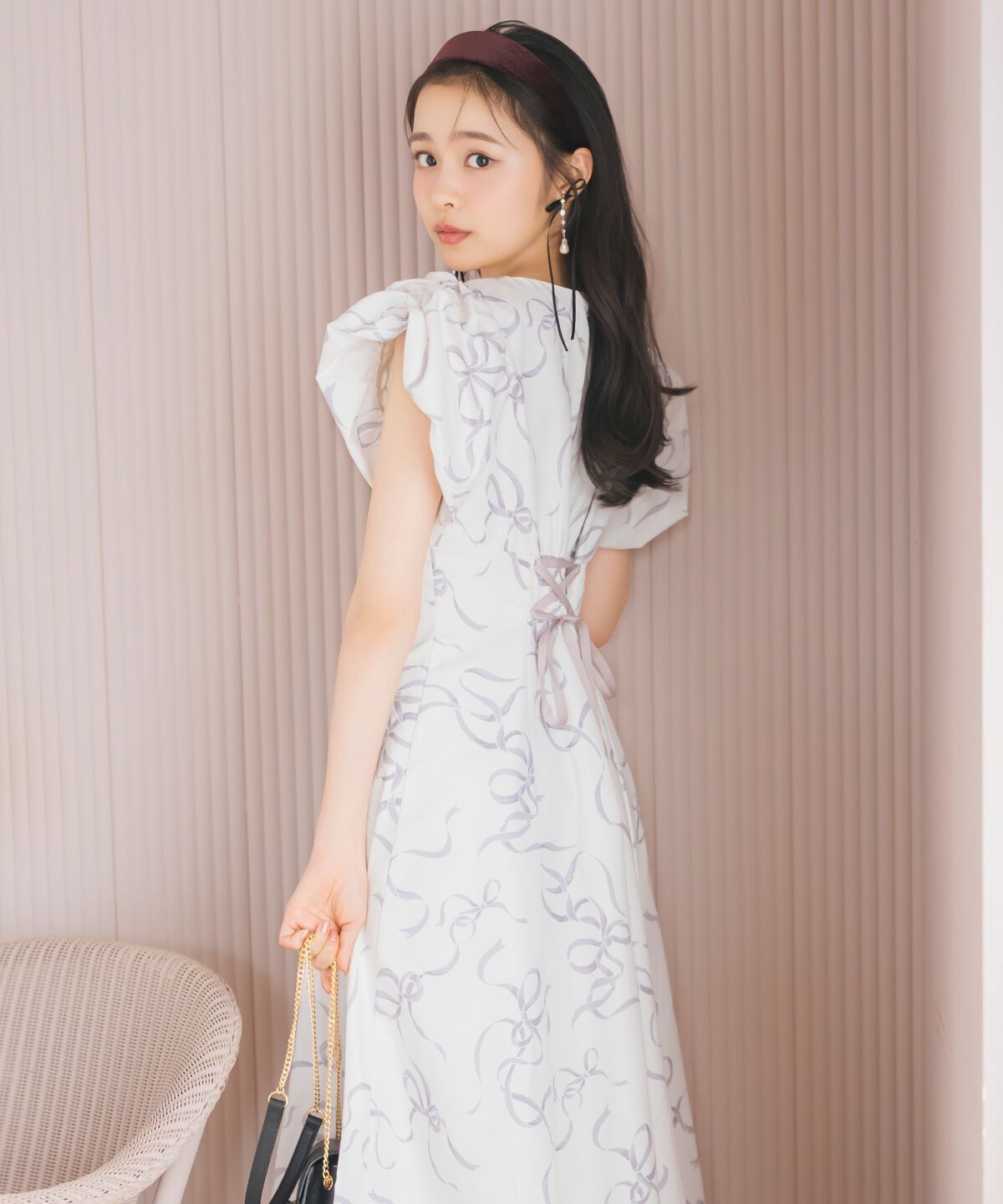 WILLSELECTION「リボンプリントバブルスリーブフレアワンピース」|ワンピース|