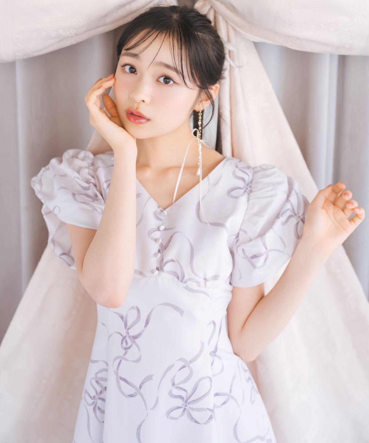 WILLSELECTION「リボンプリントバブルスリーブフレアワンピース」|ワンピース|