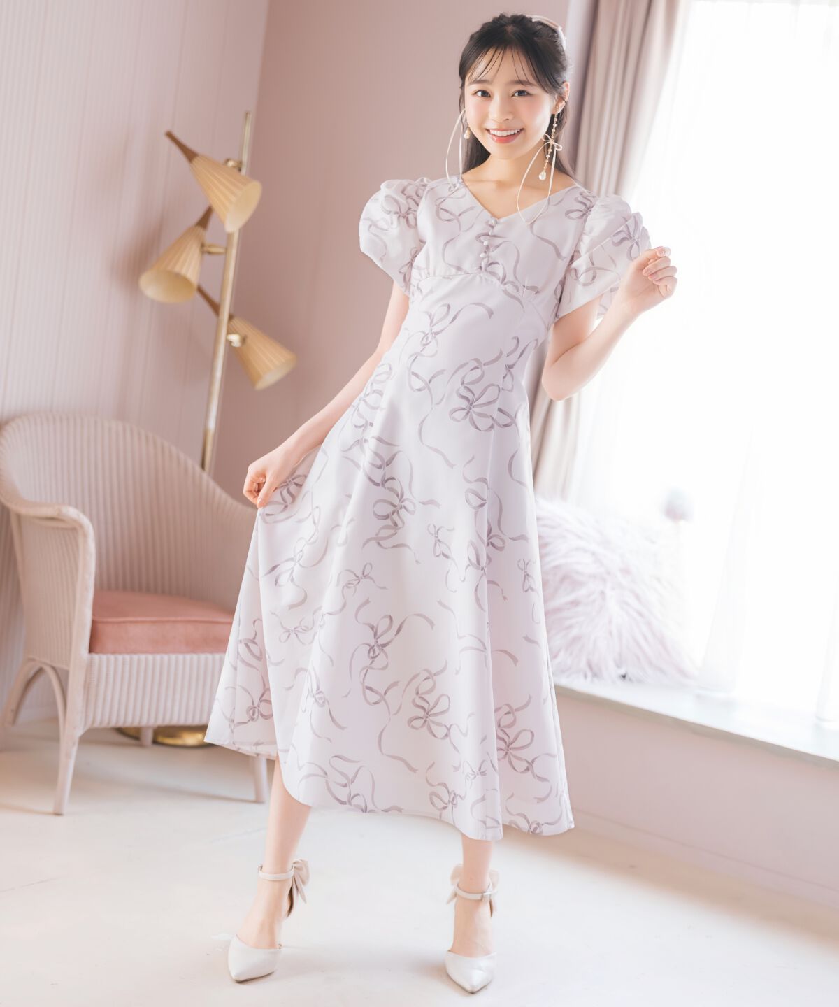 WILLSELECTION「リボンプリントバブルスリーブフレアワンピース」|ワンピース|