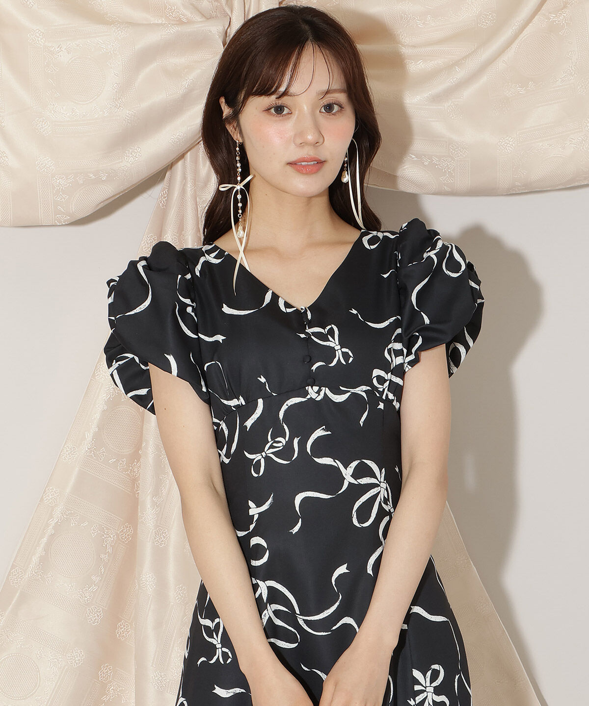 WILLSELECTION「リボンプリントバブルスリーブフレアワンピース」|ワンピース|