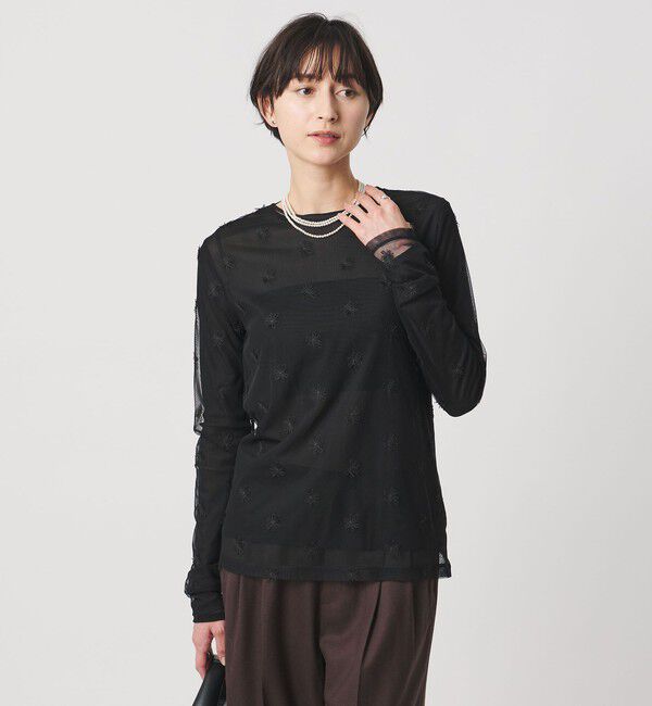 UNITED ARROWS「チュールフラワー カットソー ‐ウォッシャブル‐」|Tシャツ・カットソー|BLACK