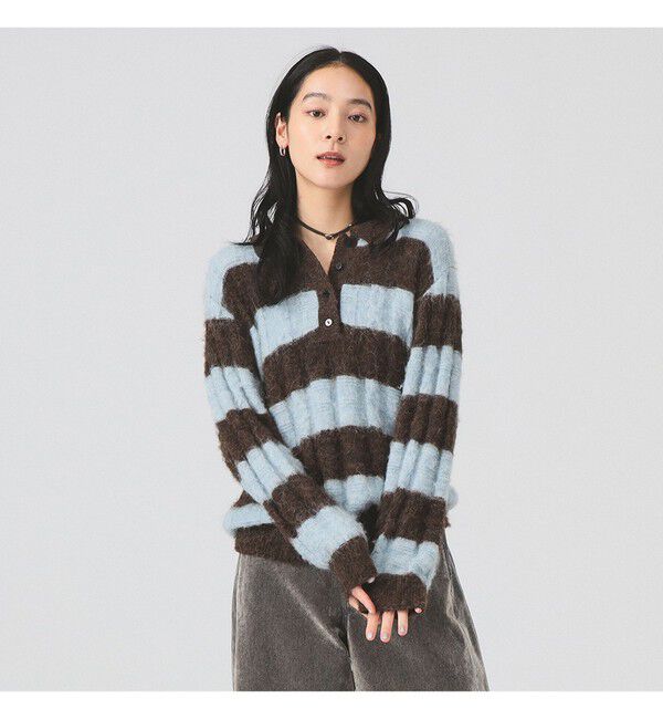 Ray BEAMS 「ワイド ボーダー ポロ ニット」|ニット・セーター|BLUE