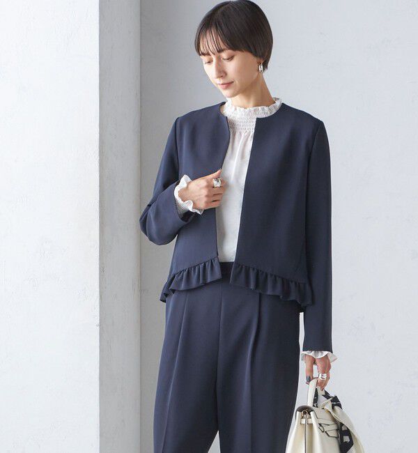SHIPS for women「〈手洗い可能〉トリアセテート混 裾 フリル ジャケット（セットアップ対応）」|ノーカラージャケット|ネイビー