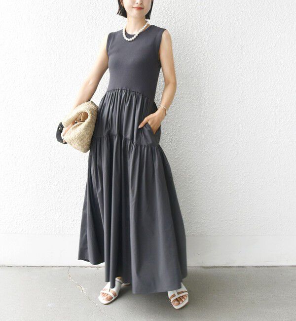 SHIPS for women「〈手洗い可能〉コットン リブ ノースリーブ &times; 布帛 スカート ワンピース」|ワンピース|