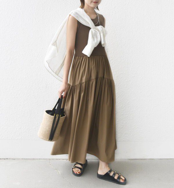 SHIPS for women「〈手洗い可能〉コットン リブ ノースリーブ &times; 布帛 スカート ワンピース」|ワンピース|ブラウン