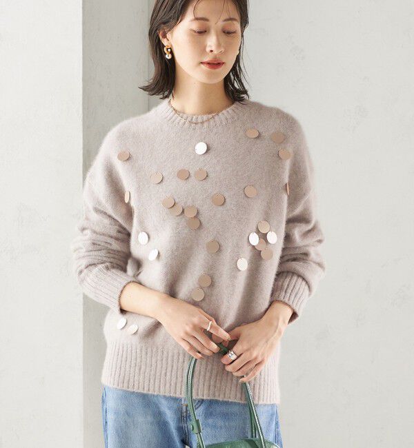 SHIPS for women「〈手洗い可能〉フォックス スパンコール クルーネック ニット」|ニット・セーター|ライトグレー