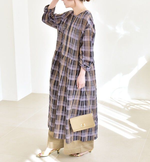 quaranciel「《予約》quaranciel:〈手洗い可能〉シアー ギャザー チェック ロング ワンピース」|ワンピース|