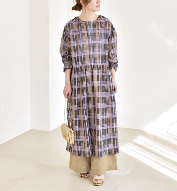 quaranciel「《予約》quaranciel:〈手洗い可能〉シアー ギャザー チェック ロング ワンピース」|ワンピース|