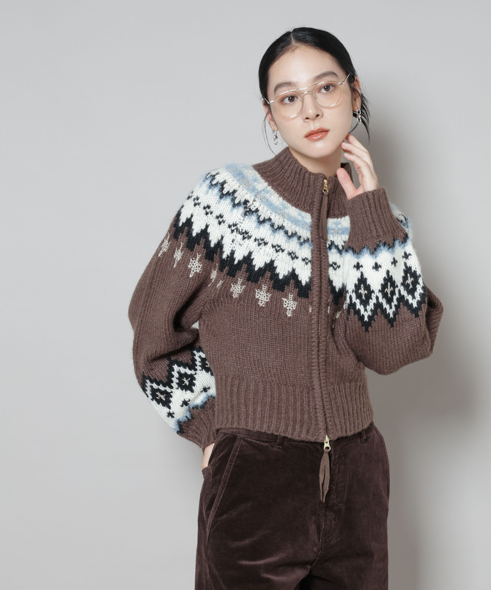 nano･universe「求心ショートzipカーディガン」|ニット・セーター|ブラウン