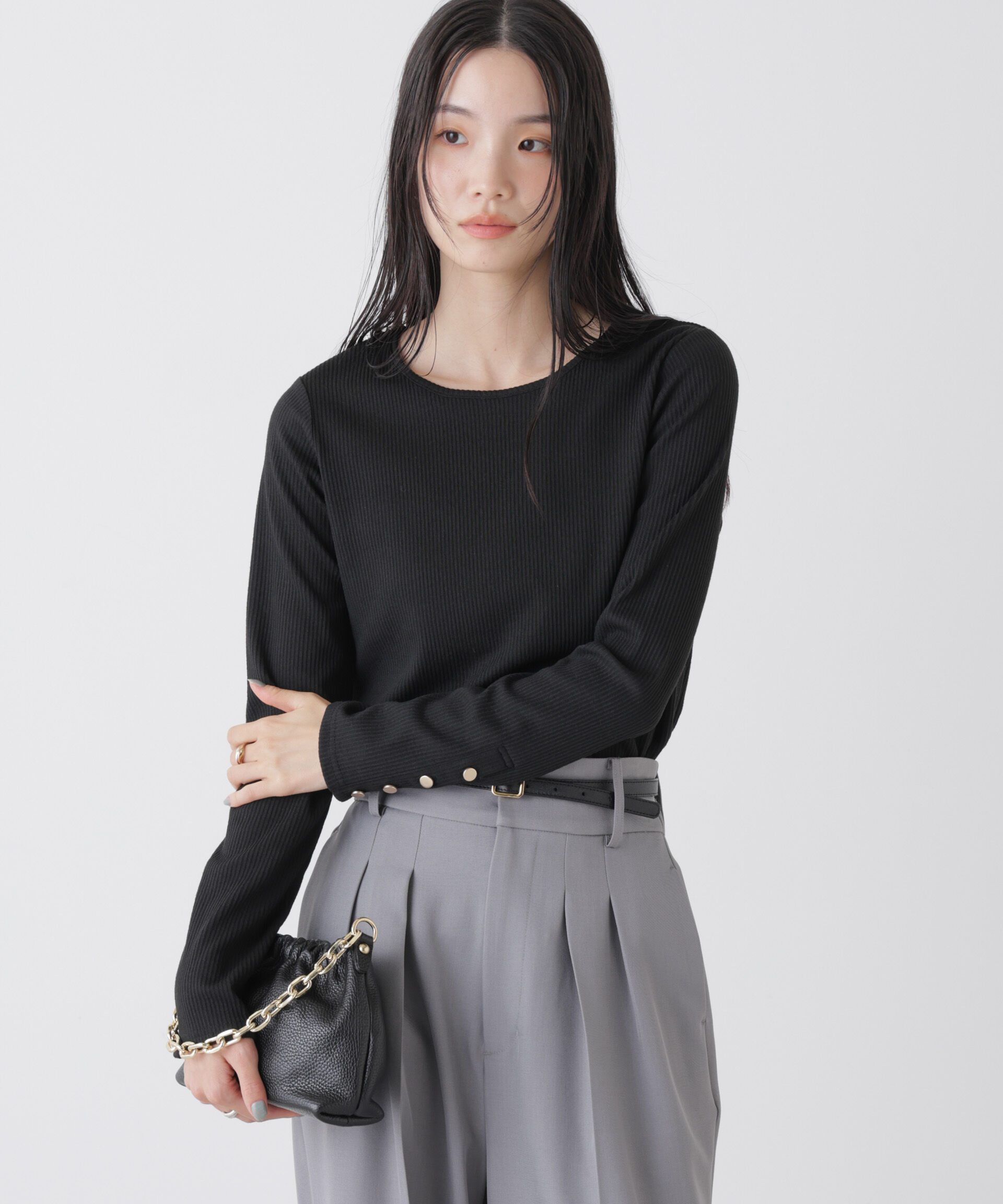 nano･universe「メタルボタンスリーブクルーネックリブカットトップス」|Tシャツ・カットソー|