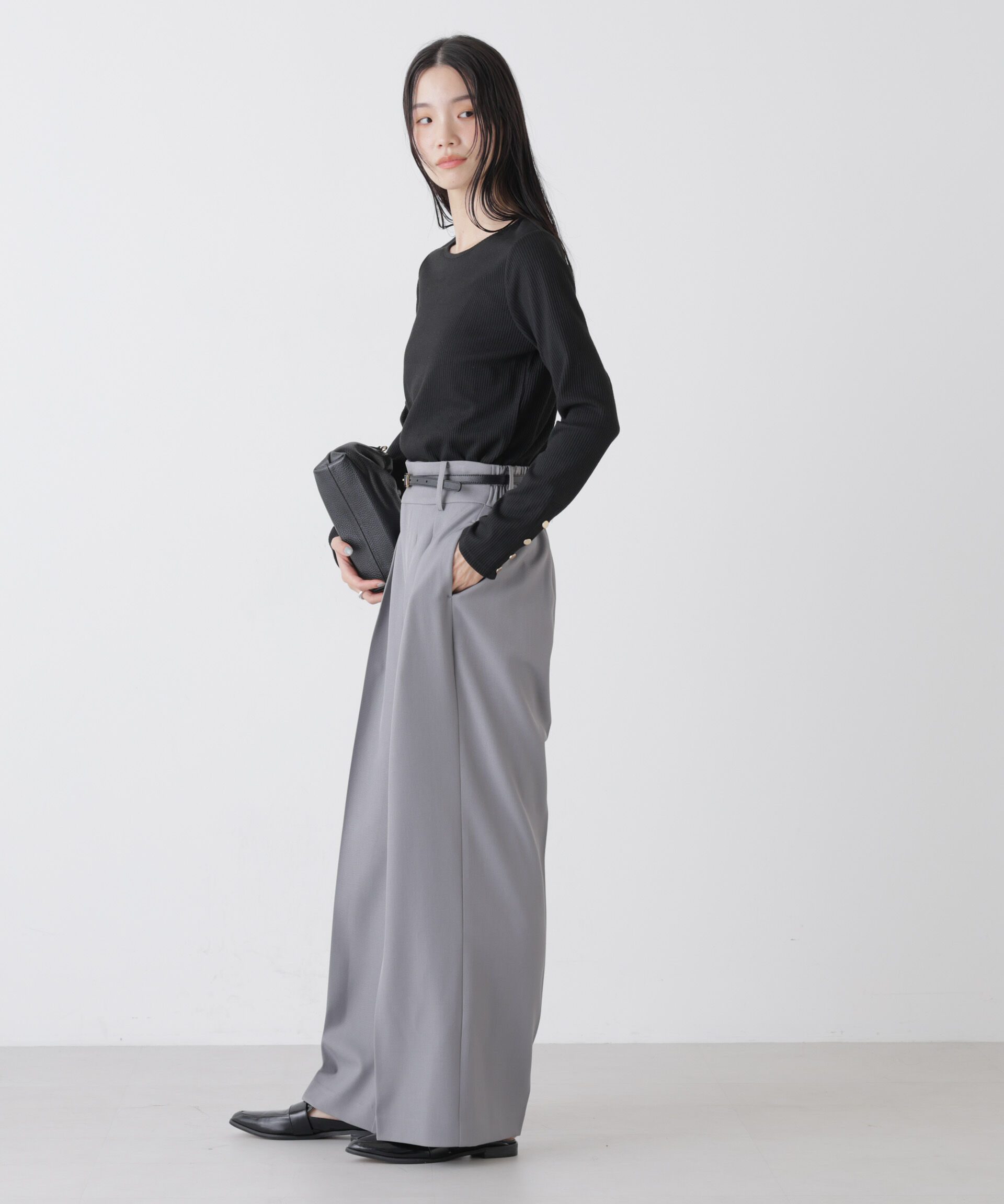 nano･universe「メタルボタンスリーブクルーネックリブカットトップス」|Tシャツ・カットソー|