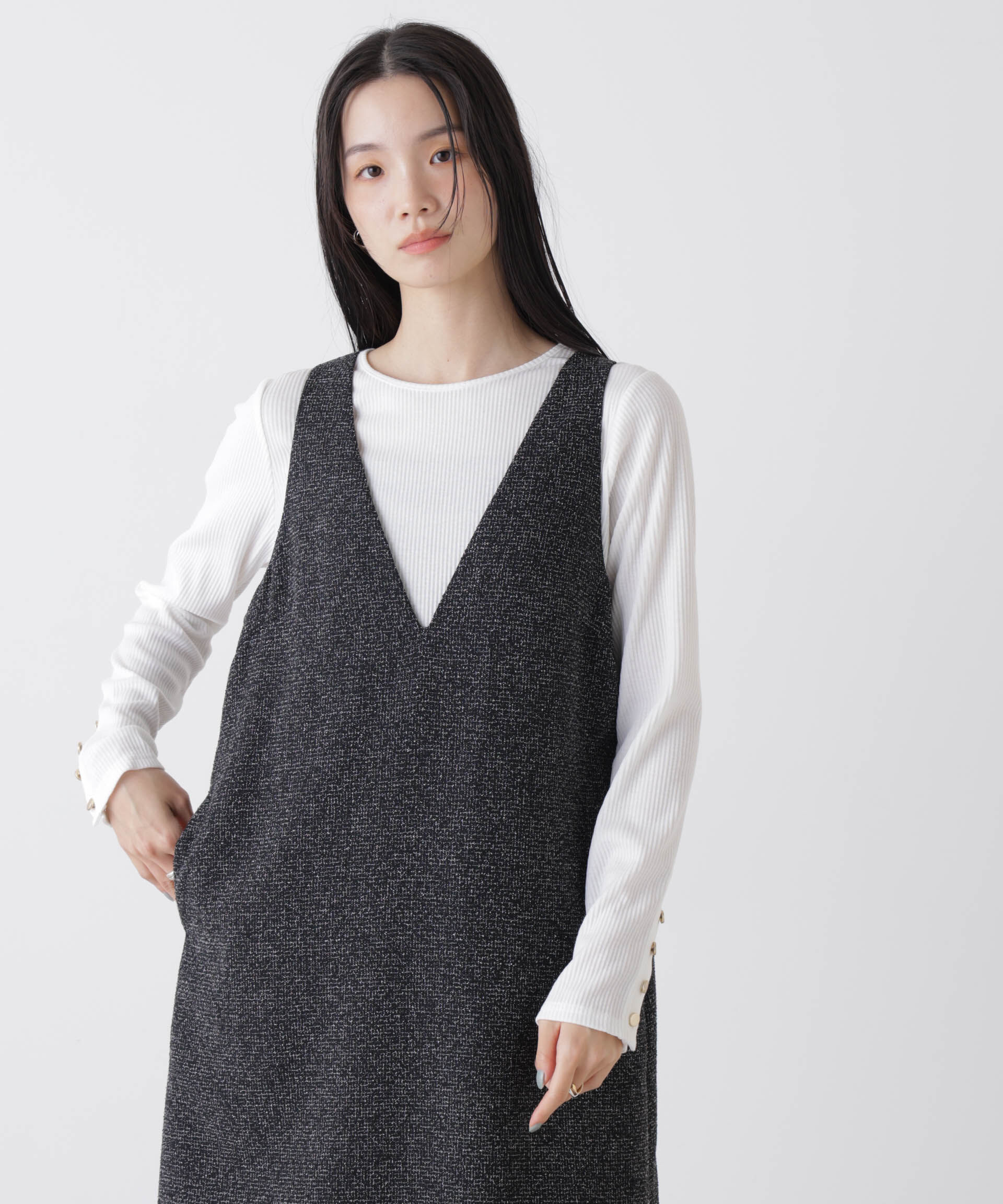 nano･universe「メタルボタンスリーブクルーネックリブカットトップス」|Tシャツ・カットソー|