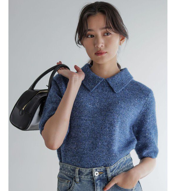 組曲「【加藤ローサさん着用 / 襟取り外し可】スパンコールヤーン 5分袖ニット」|ニット・セーター|ブルー系