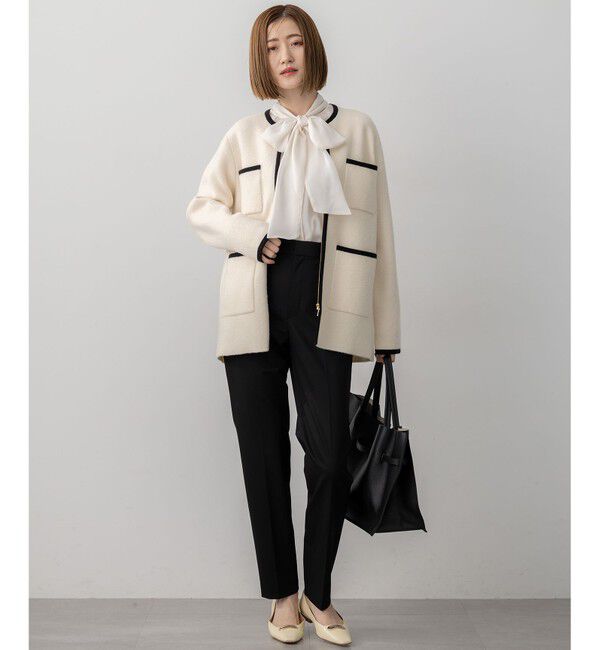 23区「【洗える】ミニブークレニット バイカラー ジャケット」|カーディガン|