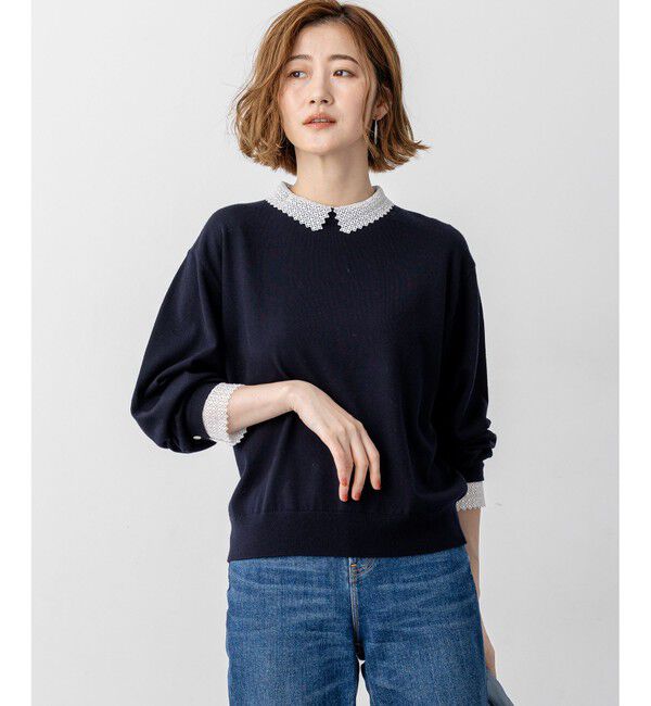 23区「【VERY・CLASSY.掲載/洗える】エンブロイダリー ジオメトリックレースコンビ ニット」|ニット・セーター|ネイビー系