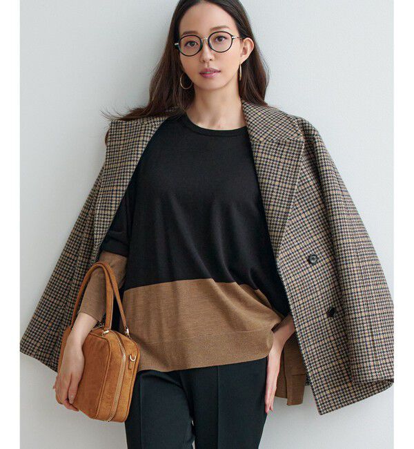 23区「【洗える】ウーステッドウール カラーブロック ニット」|ニット・セーター|ﾌﾞﾗｯｸ&times;ｷ