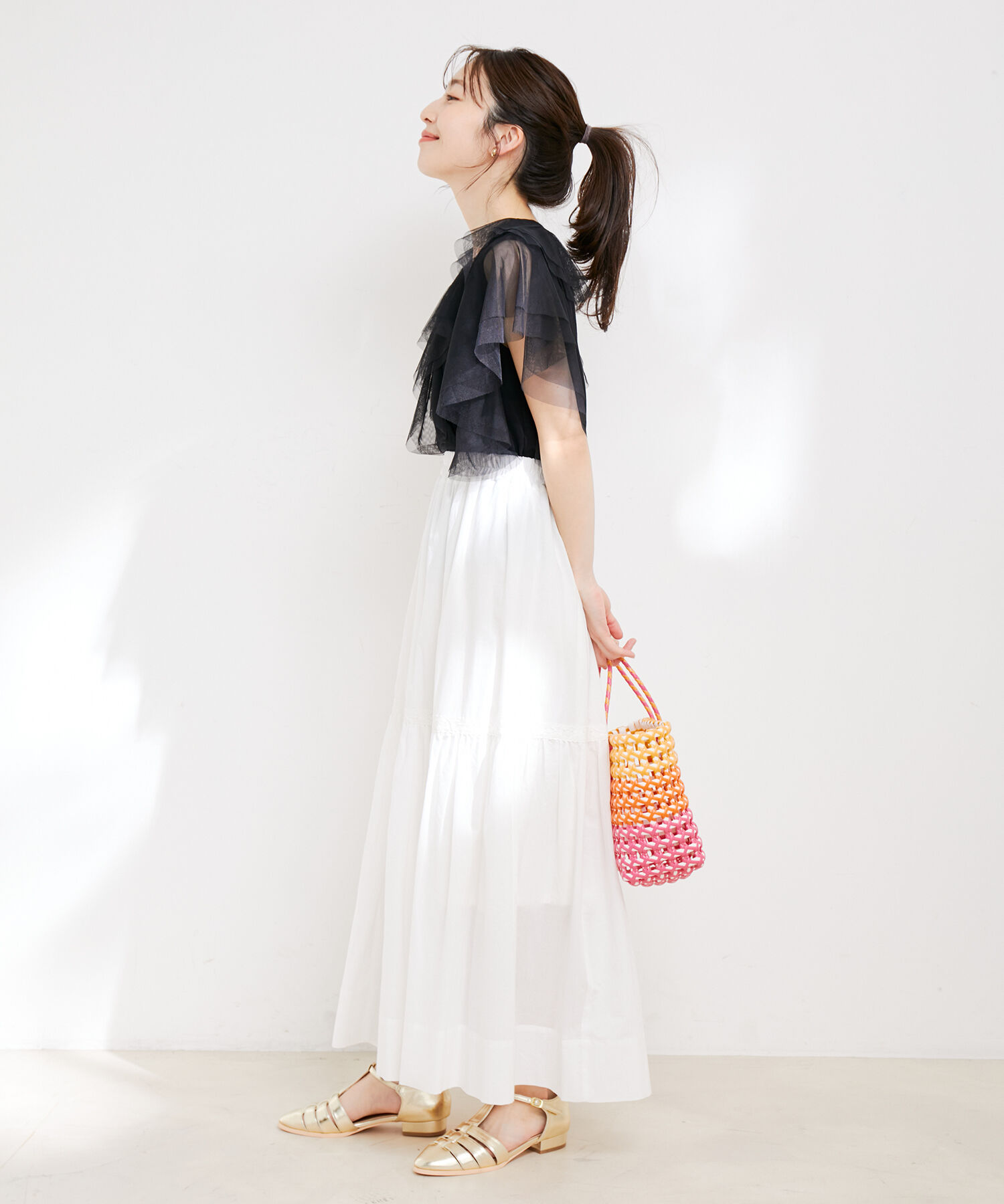 VIS「【洗える】コットンレース切替ギャザースカート」|スカート|