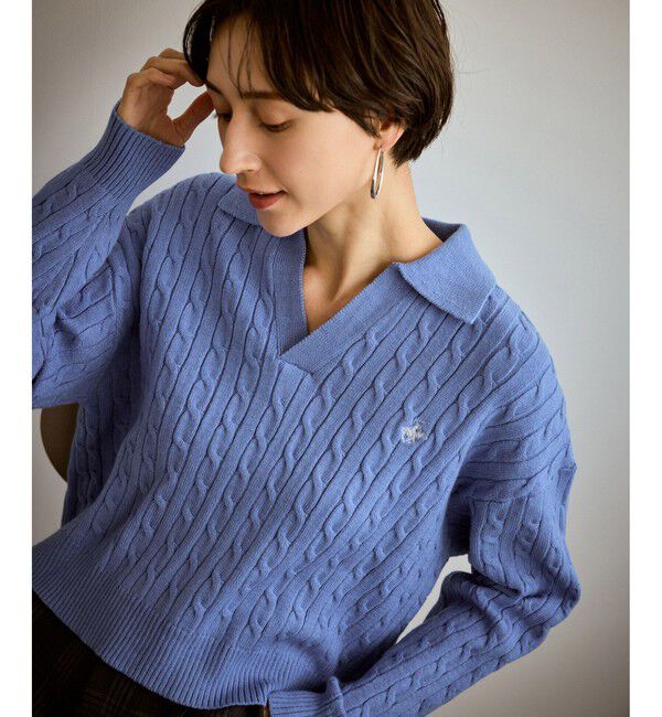 Rope&rsquo;Picnic「【BEVERLYHILLS POLO CLUB・新色追加】ケーブル編みクロップドスキッパーニット」|ニット・セーター|サックス(48)