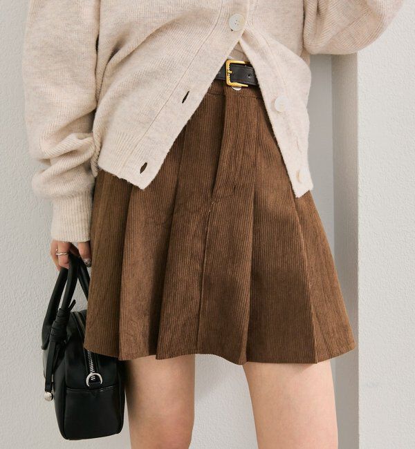  「ベルト付きコーデュロイミニスカート」|スカート|キャメル