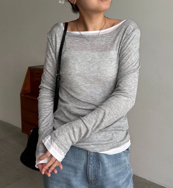  「【前後2WAY】2WAYボートネックシアーロンT」|Tシャツ・カットソー|グレー