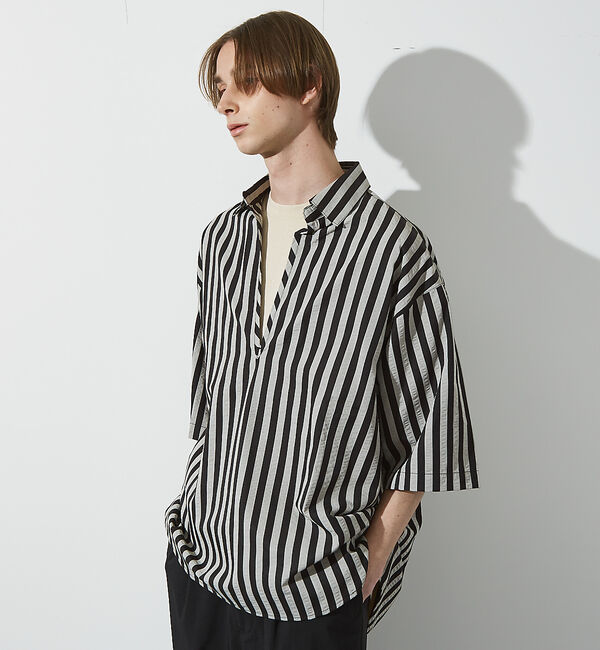 ABAHOUSE「サッカーストライプ スキッパーシャツ / オーバーサイズ / 半袖シャツ」|シャツ・ブラウス|