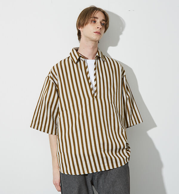 ABAHOUSE「サッカーストライプ スキッパーシャツ / オーバーサイズ / 半袖シャツ」|シャツ・ブラウス|