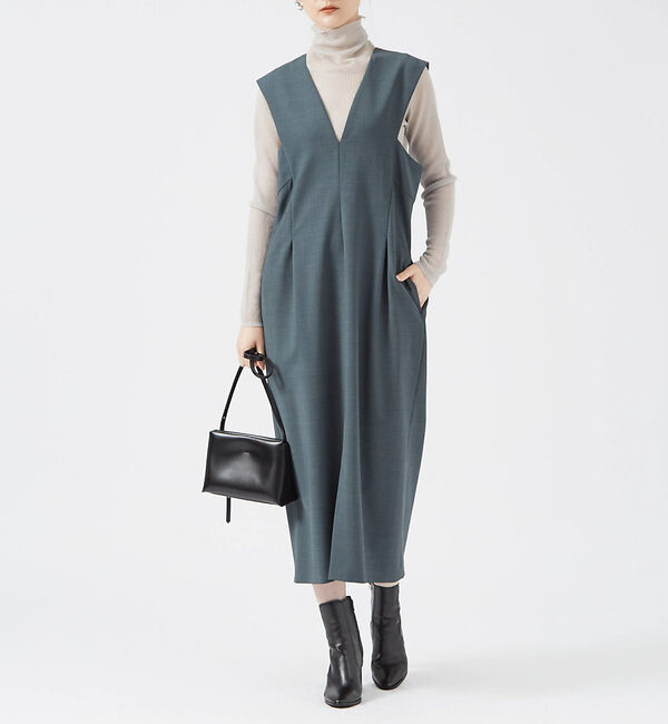 qualite「ウールトロVネックワンピース」|ワンピース|グリーン