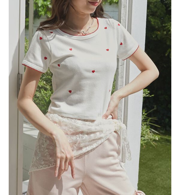  「ガーリーモチーフエンブロイダリーT」|Tシャツ・カットソー|オフ／柄