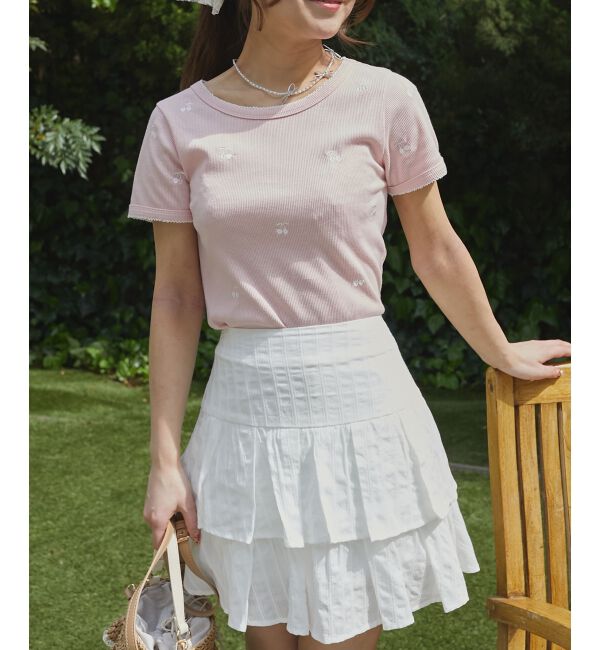  「ガーリーモチーフエンブロイダリーT」|Tシャツ・カットソー|ピンク柄