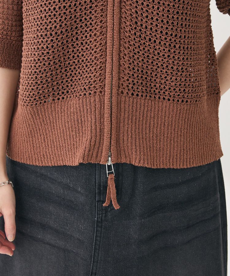 Green Parks「襟付きメッシュ編みZIPカーディガン」|カーディガン|