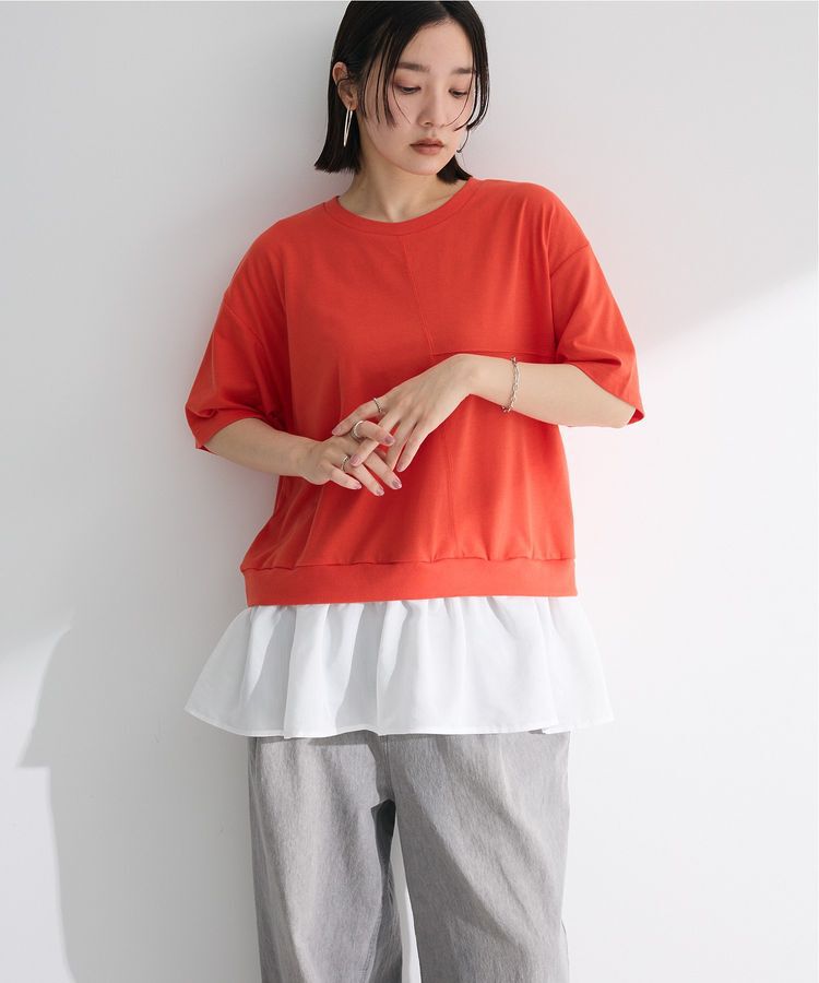 Green Parks「裾フリルドッキング5分袖プルオーバー」|Tシャツ・カットソー|Red