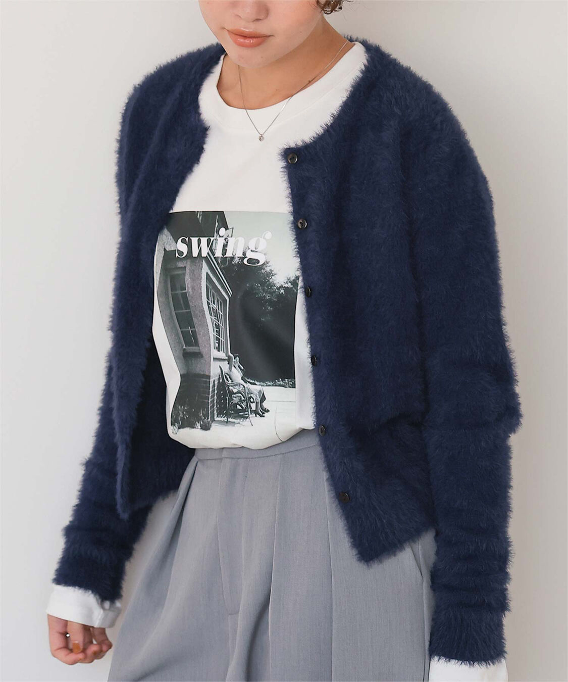 titivate「クルーネックミニシャギーニットカーディガン」|ニット・セーター|ネイビー