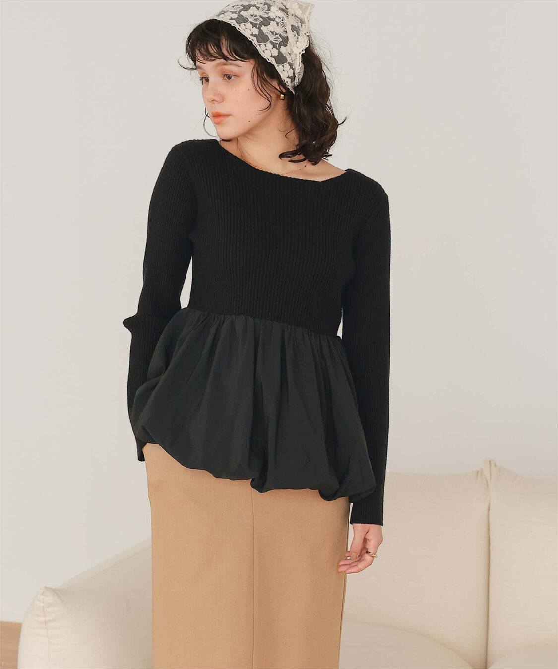 titivate「ヘムバルーンドッキングボートネックリブニット」|ニット・セーター|