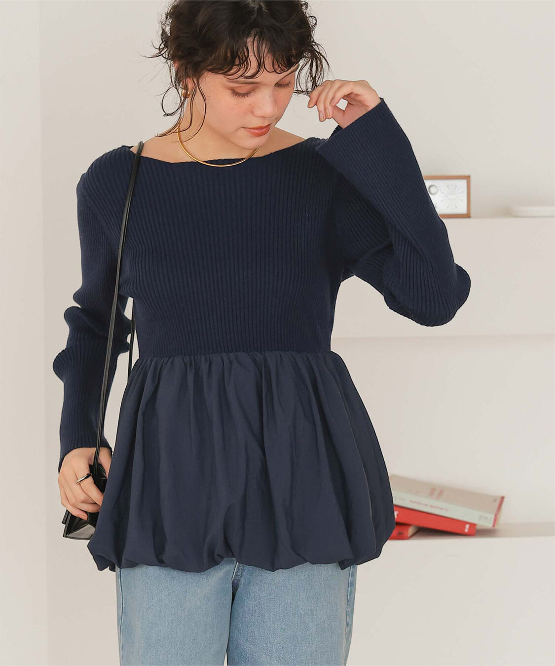 titivate「ヘムバルーンドッキングボートネックリブニット」|ニット・セーター|ネイビー